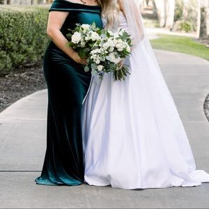 Long velvet, emerald green bridesmaid dress